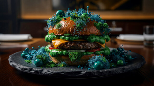 Surreal cheeseburger covered in blue and green mold-like textures on a dark plate. Artistic depiction of food spoilage with moss-like growths. Food safety concept for health education and awareness.