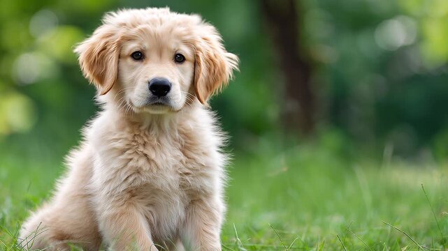 公園でおすわりしながら優しい表情を見せるゴールデンレトリーバーの子犬