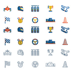 Obraz premium Car racing icon set in flat, filled outline, and line art style, motorsport and formula vector bundle