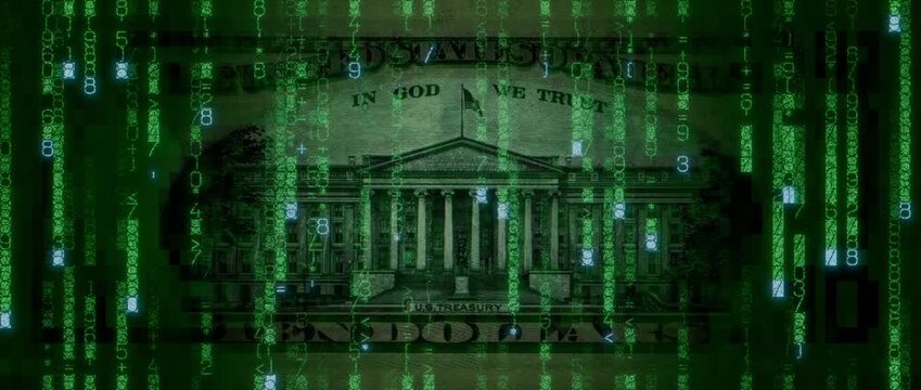 Digital Cash Concept with Ten Dollar Bill made from Animated Code. Cryptocurrency Finance Background.