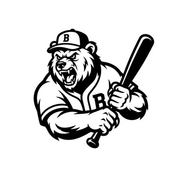 Angry grizzly bear baseball player swinging bat