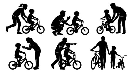 Obraz premium Parent Teaching Child Bicycle Riding Silhouettes, Family Cycling Learning Set, Outdoor Activity Vector Icons