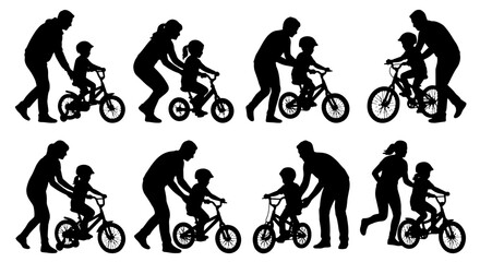 Fototapeta premium Family Cycling Silhouettes: Parents Teaching Children to Ride Bikes, Learning Balance and Movement, Outdoor Activity Set