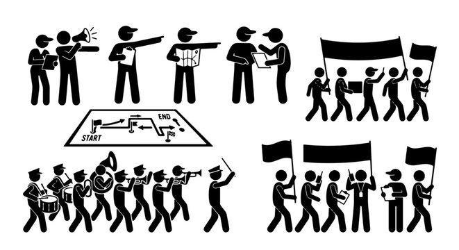 Protest March and Demonstration Icons, Activism and Social Movement Symbols, Political Rally and Parade Graphics, Vector Set