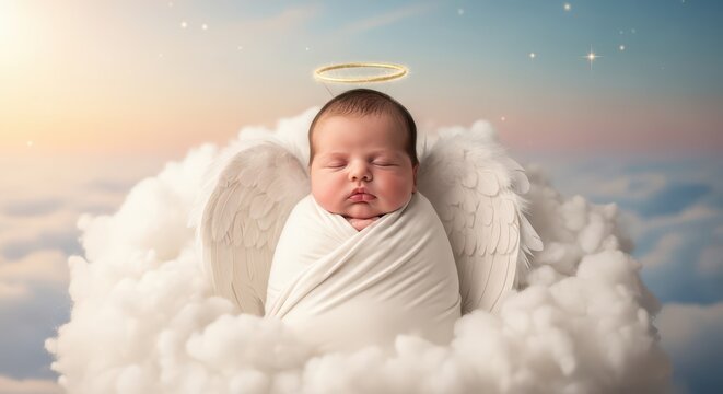 Peaceful newborn baby sleeping on cloud. Baby resting in a dreamy sky scene with soft lighting and angelic atmosphere.