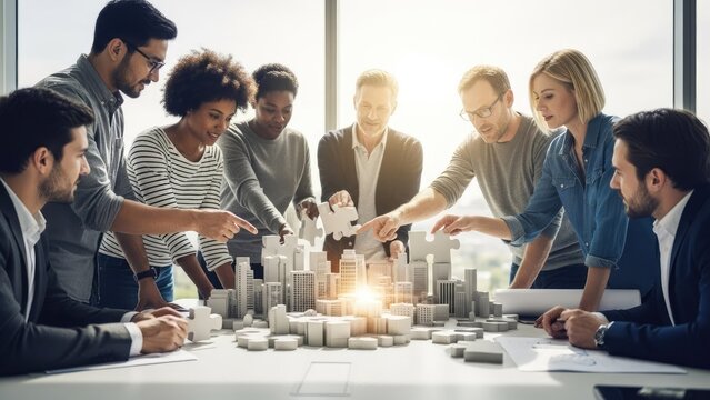 Diverse group of colleagues collaborating on a cityscape puzzle in bright office