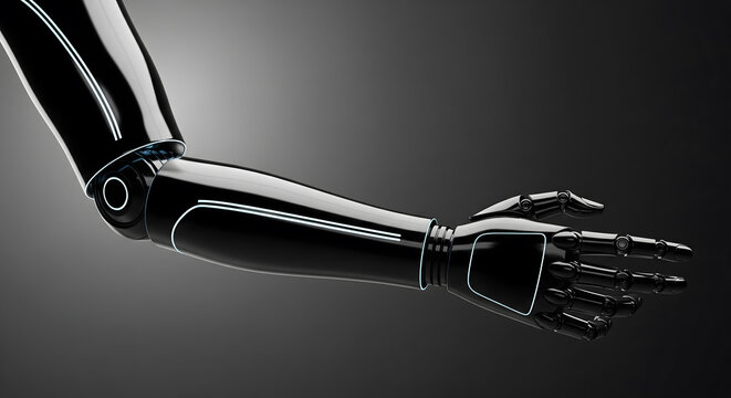 A robotic arm reaching forward against a dark background