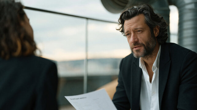 A job interviewer in a tailored jacket sits beneath a heavy overcast sky on an exterior corporate terrace, reviewing a printed scorecard metrics sheet opposite a candidate, both