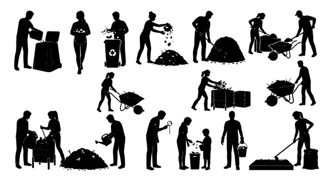Recycling and Composting Silhouettes, Eco-Friendly Waste Management Icons, Sustainable Living Vector Graphics, Environmental Protection Set
