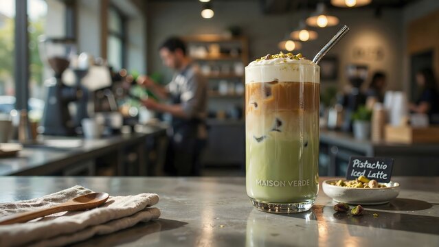 Iced pistachio coffee latte with creamy foam in tall glass &ndash; Ideal for coffee shop promotions, summer iced coffee features, or beverage ads.