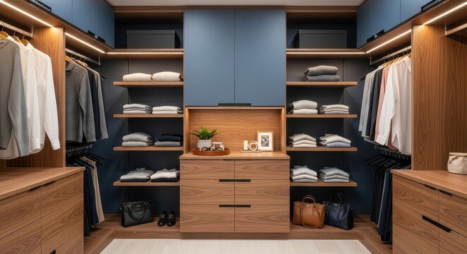 Modern walk-in closet with organized clothing and accessories. Stylish wardrobe interior with shelves and drawers.