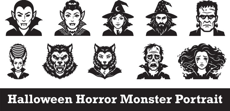 Spooky black and white Halloween horror monster portrait silhouette icon set featuring a vampire witch wizard Frankenstein werewolf zombie and banshee vector graphic