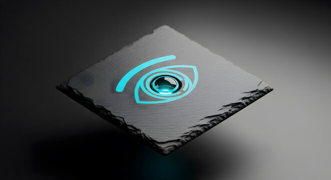 A glowing digital eye symbol rendered on a textured stone surface.