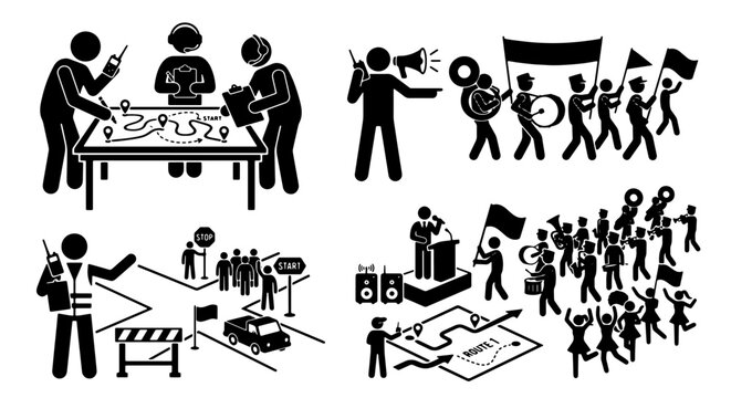 Teamwork and Leadership Icons: Strategy Meeting, Protest March, Public Speaking, and Event Planning Vector Set