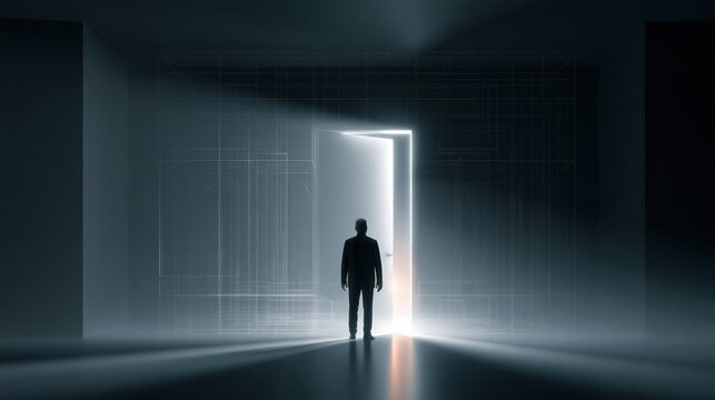Man standing before an open glowing doorway, symbolizing freedom, escape, and uncertain future possibilities