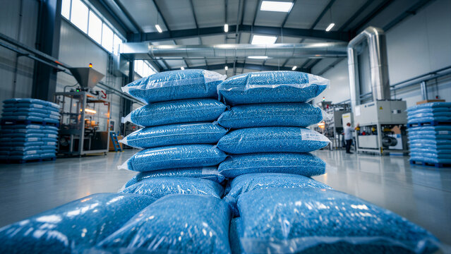 Stacks of blue plastic granules in bags inside an industrial factory. Raw materials packaged for distribution in a clean warehouse. Supply chain concept for manufacturing and plastics industry.
