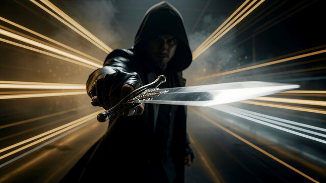 Mysterious hooded man pointing a sharp sword at the camera. Dramatic action shot with golden light trails and smoke. Fantasy hero concept ideal for gaming and cinematic posters.