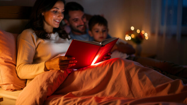 Happy family reading a glowing storybook together in bed at night. Parents and young son enjoying a magical bedtime routine in a cozy bedroom. Family bonding and childhood imagination concept.