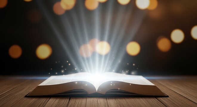 Open book with glowing light and bokeh effects. Symbolic of knowledge, inspiration, and learning. Educational concept for reading and discovery.
