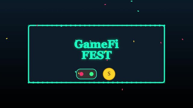 Game fi fest neon motion with falling confetti and digital currency coin for blockchain gaming and cryptocurrency event promotion animation 4k