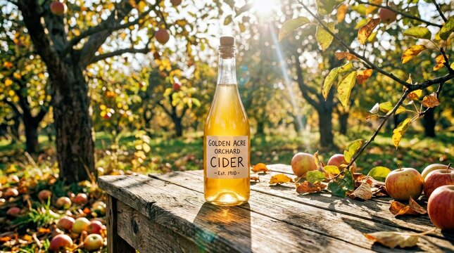 Golden Acres Orchard Cider Bottle on Rustic Wooden Bench With Fall Apples and Leaves