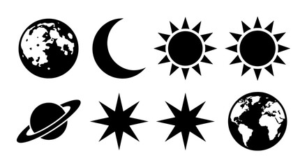 Celestial Icons: Moon, Sun, Earth, Saturn, Stars, Cosmic Symbols for Astronomy and Space Exploration © Kabir
