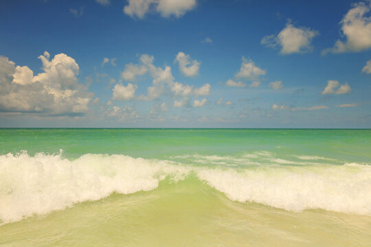 Gentle wave rolls into a sandy tropical beach