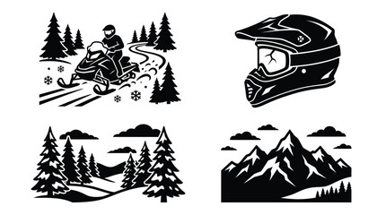 Snowmobile forest and mountain silhouettes on a white background © Abdullah