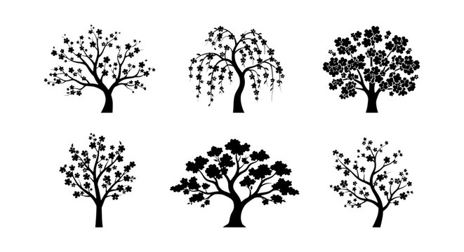 Six Silhouette Trees, Vector Icons: Blooming Cherry, Weeping Willow, Floral Branches, Orchard Fruit, Lush Foliage
