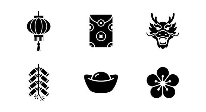 Chinese New Year Icons Set: Dragon, Lantern, Red Envelope, Firecrackers, Gold Ingot, Plum Blossom