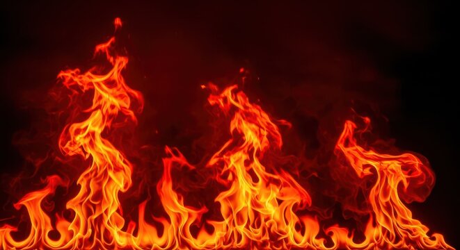 Intense flames burning fiercely in a fiery display. Dynamic fire scene with bright orange and red hues, high heat and energy.