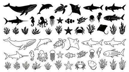 Marine life Silhouettes A Collection Of Black And White Sea Creatures © FARISTA