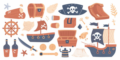 Pirate Themed Illustration Set With Ship Treasure Chests And Accessories © Ruhidas