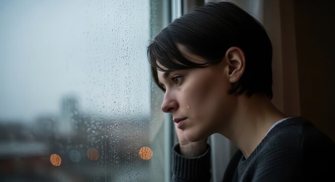 Young woman looking out rainy window. Female contemplative mood, urban scene, introspective moment, moody lighting.