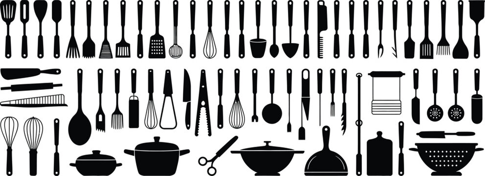 Collection of black silhouette featuring various kitchen utensils, cooking tools, pots, pans, whisks, spatulas, and culinary equipment on a white background