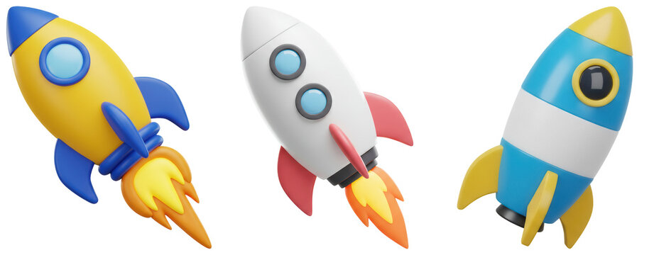 Whimsical 3D render of three stylized cartoon rocket ships, one blasting off with vibrant flames.