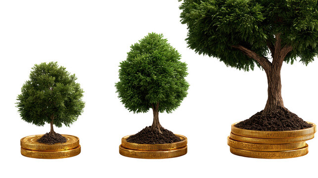 Growing tree on stacked gold coins representing investment growth and financial success