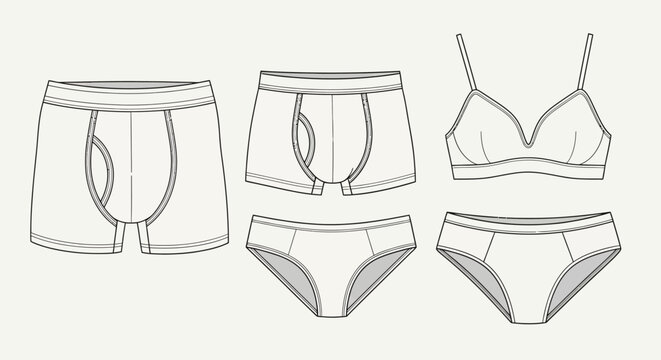 Technical fashion sketches of men and women underwear including boxers briefs bra and panties.