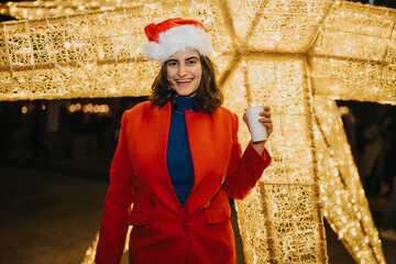 Fototapeta premium A young woman wearing a Santa hat and red coat smiles while holding a cup. She poses in front of illuminated Christmas lights at a festive outdoor market.