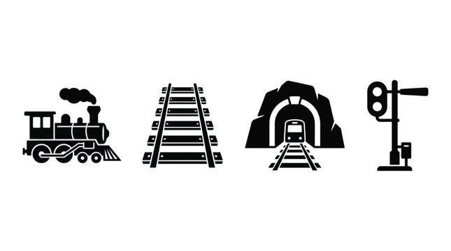 Railway Infrastructure Silhouettes Train Tracks Tunnel And Crane