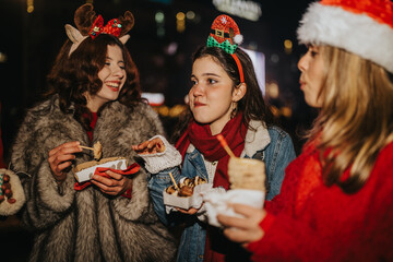 Fototapeta premium Three girls wearing Christmas hats eat street food and laugh together at night. A festive market scene showing friends sharing snacks and holiday cheer.