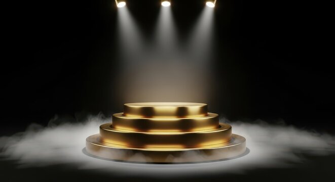 Golden award podium with spotlights. Elegant stage for winners and ceremonies.