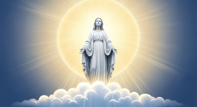 Religious statue of the Virgin Mary with a glowing halo. Sacred spiritual figure in a divine setting.