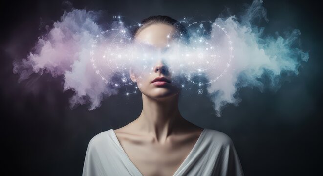 Futuristic woman with digital cloud overlay. Female with virtual data visualization, modern tech concept for innovation and AI.