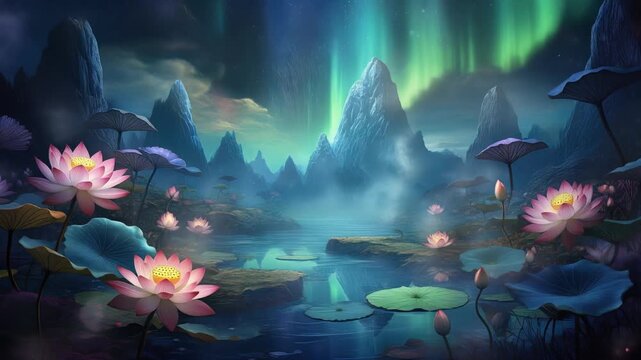 Magical Glowing Pink Lotus Aurora Fantasy Landscape Under Night Sky