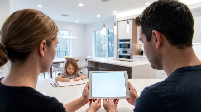 Over the shoulder view of parents holding blank screen digital tablet in a bright white modern kitchen with young daughter coloring in blurred background for smart home app mockup layout