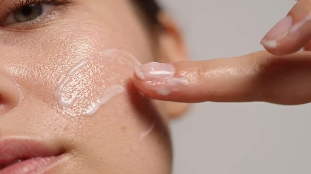 Young woman applying face cream showing natural skin texture for beauty routine and wellness concept with smooth lotion texture on healthy cheek in a skincare close up