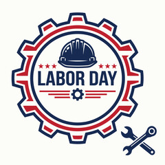 Fototapeta premium Labor day celebration badge design with a hard hat gear symbol and crossed wrenches for american workers