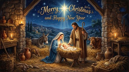 Fototapeta premium Nativity scene with holy family in stable celebrating merry christmas and happy new year