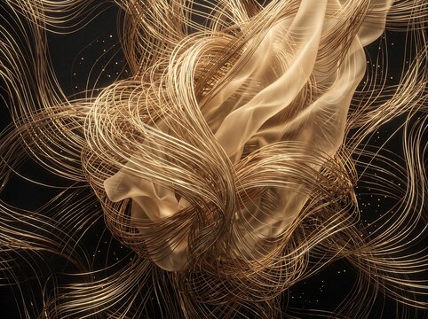 Abstract background of flowing gold metallic threads and soft light fabric textures with metallic abstract background